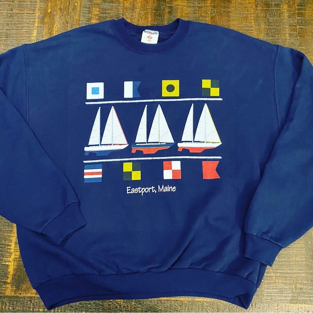 Vintage Camden Maine Crew Neck Sweatshirt Sailboat Sailing Navy Blue Sz XL